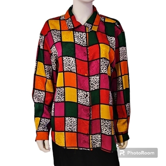 LAURA & JAYNE Colorful Satin Checkerboard Leopard Print Button Down Shirt - Picture 1 of 6